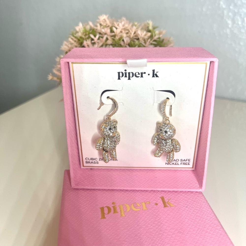 Piper K. Gold Tone Crystal Teddy Bear Drop Earrings - Picture 2 of 6